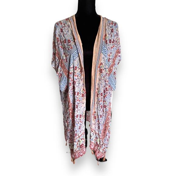 Lucky Brand Womens Kimono One Size Peach Multi Boho Print Beach Coverup Fringe - Picture 6 of 11